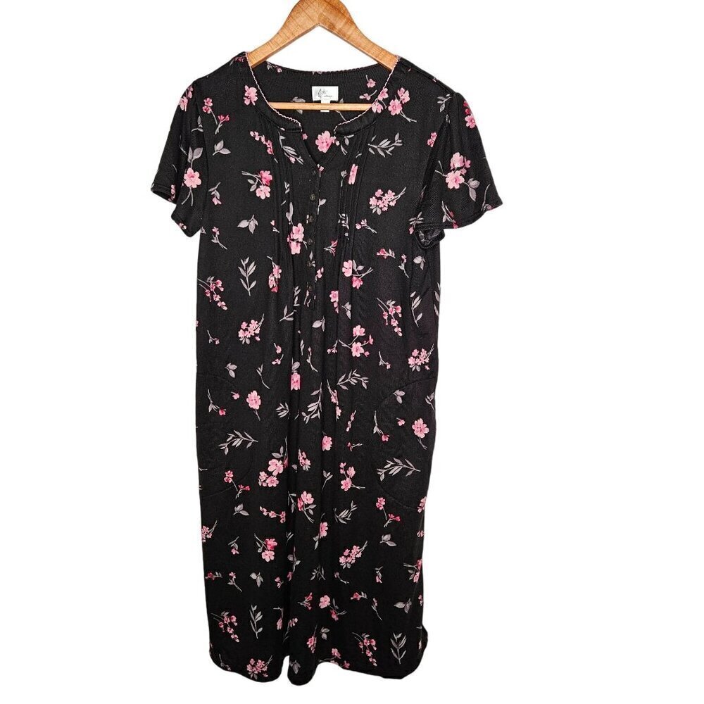 Aria Collection Floral Nightgown Dress Medium  Short Sleeve  Black Pink